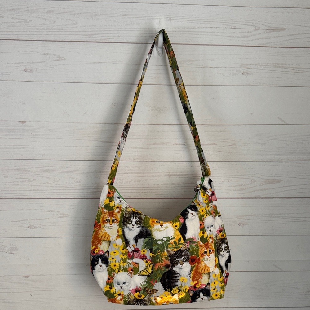 Handmade Floral Cat Print Cloth Shoulder Bag Quilted Interior Slip Pockets